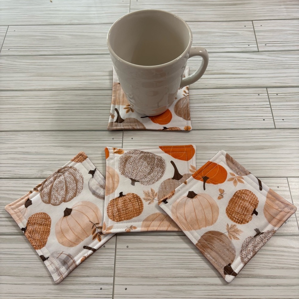 Handmade Fall Pumpkin Farmhouse Washable Reusable Fabric Coasters Set of 4